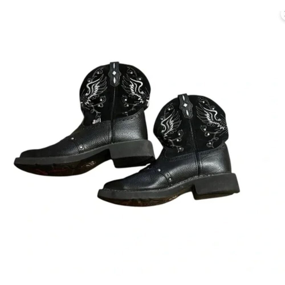 Justin Black Leather Western Boots With Embroidered Wing Design & Square Toe 8.5 - Picture 2 of 11
